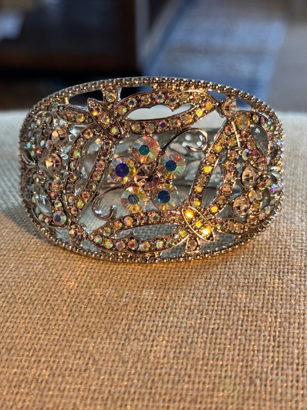 Silver-tone butterfly accent rhinestone cuff bangle bracelet hinged iridescent